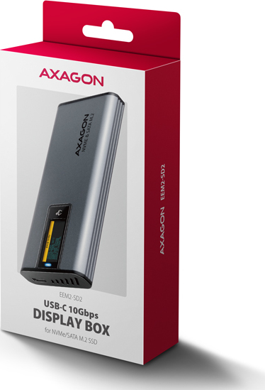 AXAGON EEM2-SD2, USB-C 10Gbps externý box s displejom pre M.2 NVMe/SATA SSD, bezskrutkový, strieborný
