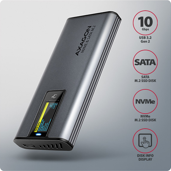 AXAGON EEM2-SD2, USB-C 10Gbps externý box s displejom pre M.2 NVMe/SATA SSD, bezskrutkový, strieborný