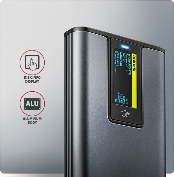 AXAGON EEM2-SD2, USB-C 10Gbps externý box s displejom pre M.2 NVMe/SATA SSD, bezskrutkový, strieborný