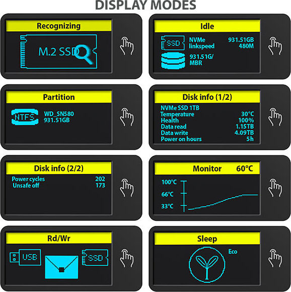 AXAGON EEM2-SD2, USB-C 10Gbps externý box s displejom pre M.2 NVMe/SATA SSD, bezskrutkový, strieborný