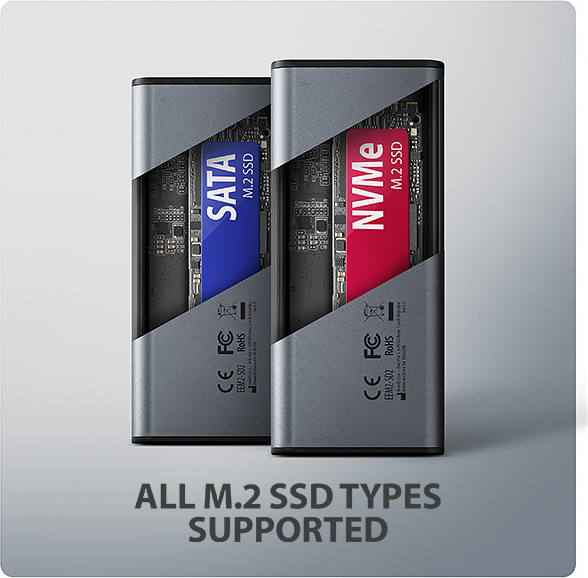 AXAGON EEM2-SD2, USB-C 10Gbps externý box s displejom pre M.2 NVMe/SATA SSD, bezskrutkový, strieborný