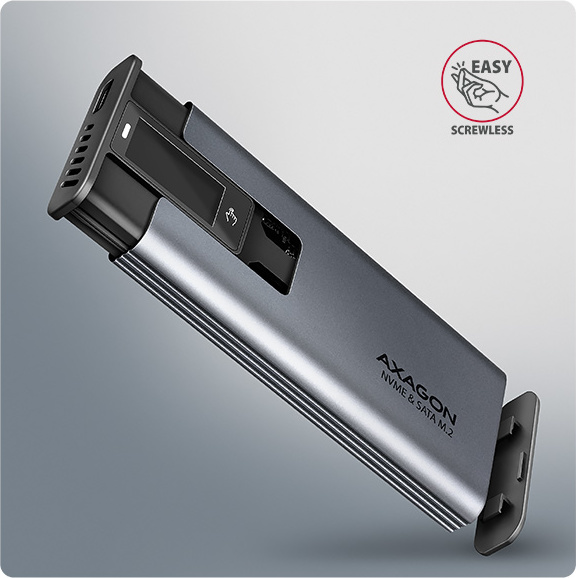 AXAGON EEM2-SD2, USB-C 10Gbps externý box s displejom pre M.2 NVMe/SATA SSD, bezskrutkový, strieborný