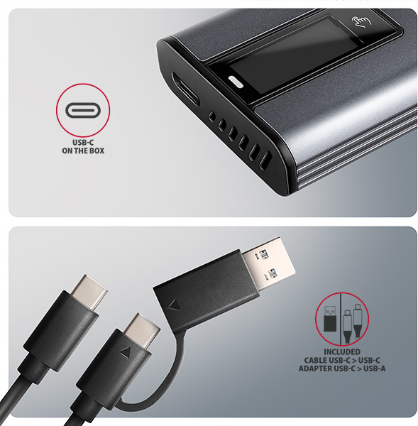AXAGON EEM2-SD2, USB-C 10Gbps externý box s displejom pre M.2 NVMe/SATA SSD, bezskrutkový, strieborný
