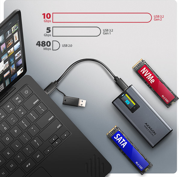 AXAGON EEM2-SD2, USB-C 10Gbps externý box s displejom pre M.2 NVMe/SATA SSD, bezskrutkový, strieborný