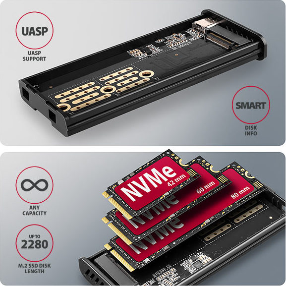 AXAGON EEM2-SD2, USB-C 10Gbps externý box s displejom pre M.2 NVMe/SATA SSD, bezskrutkový, strieborný