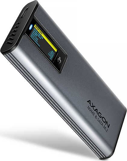 AXAGON EEM2-SD2, USB-C 10Gbps externý box s displejom pre M.2 NVMe/SATA SSD, bezskrutkový, strieborný