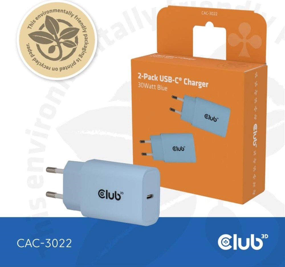 Club 3D Club3D Nabíječka, USB-C, Power Delivery 15V/2A, 2-pack, modrá