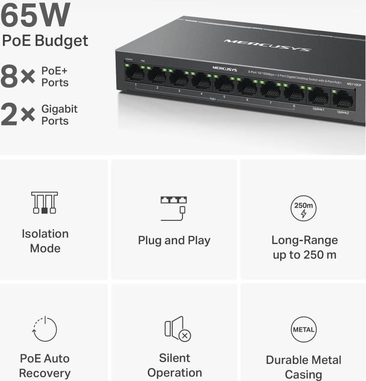 MERCUSYS switch MS110CP (8x100Mb/s,2xGbE,8xPoE+,65W,fanless)