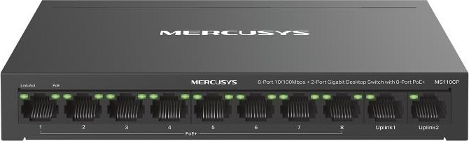 MERCUSYS switch MS110CP (8x100Mb/s,2xGbE,8xPoE+,65W,fanless)