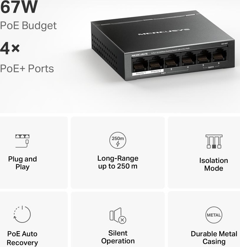 MERCUSYS switch MS106P (6x100Mb/s,4xPoE+,67W,fanless)