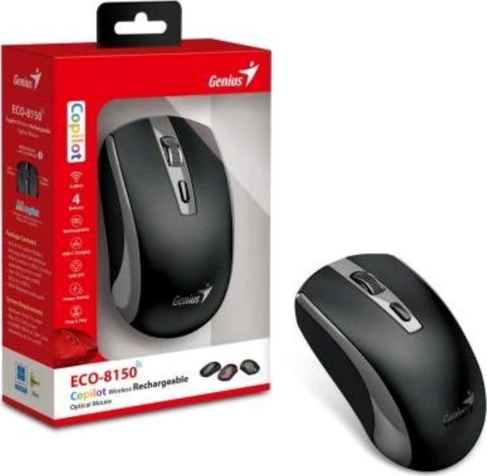 GENIUS myš ECO-8150/ 1200 dpi/ bezdrátová/ dobíjecí/ Copilot/ černo-šedá