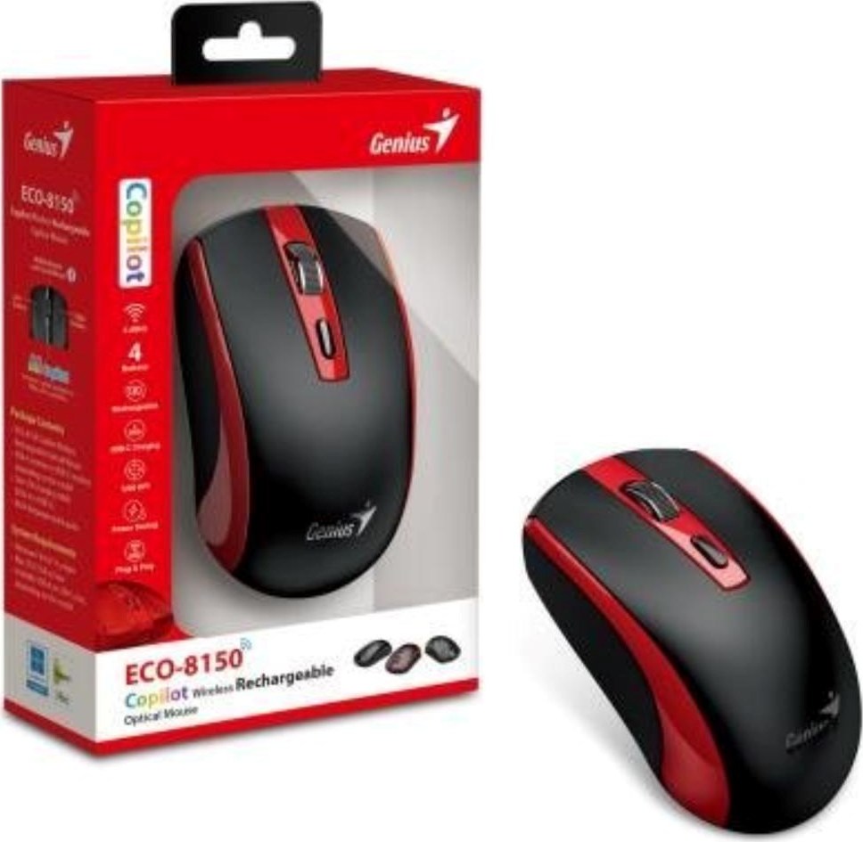 GENIUS myš ECO-8150/ 1200 dpi/ bezdrátová/ dobíjecí/ Copilot/ černo-červená