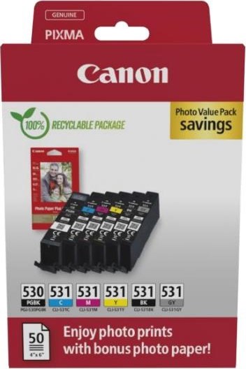 Canon Cartridge PGI-530/CLI-531 PGBK/C/M/Y/BK/GY + Canon PAPÍR GP-501 4X6 50