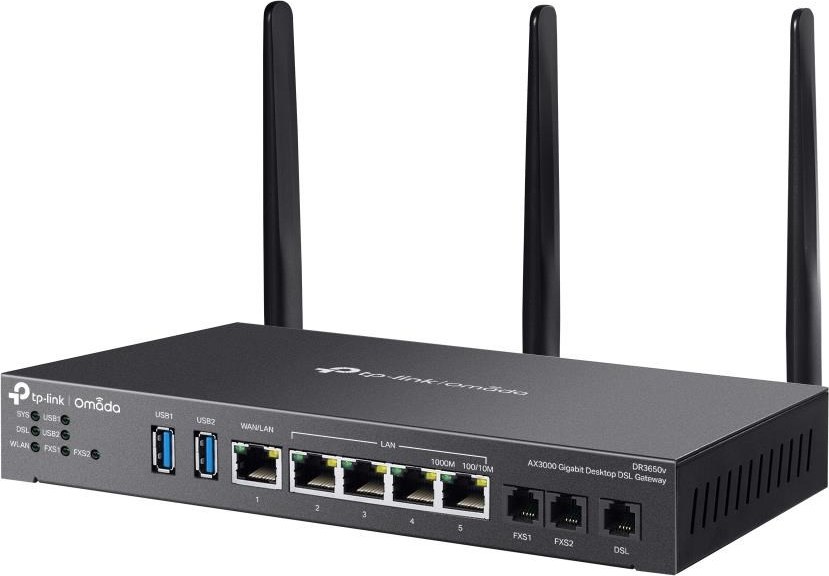 TP-Link DR3650V OMADA ADSL/VDSL gateway (AX3000,3xRJ11(2xFXS,1xDSL),2,4GHz/5GHz,1xGbELAN/WAN,4xGbE,2xUSB3.0)