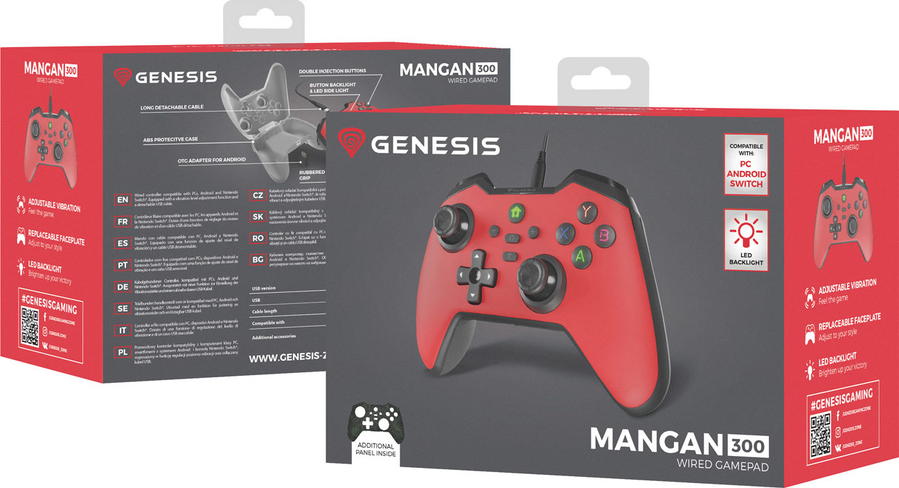 Drátový gamepad Genesis MANGAN 300, pro PC/Switch/Mobil, červený