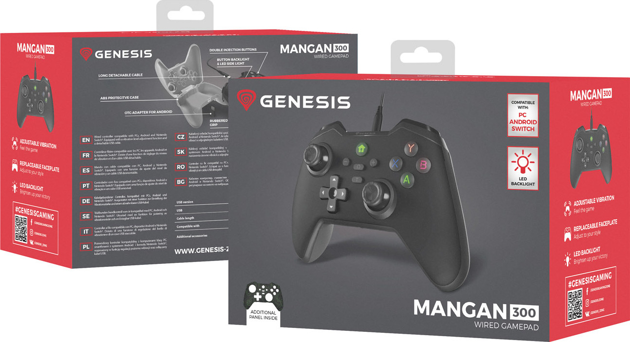 Drátový gamepad Genesis MANGAN 300, pro PC/Switch/Mobil, černý