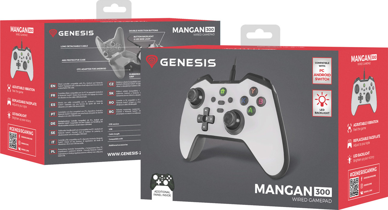 Drátový gamepad Genesis MANGAN 300, pro PC/Switch/Mobil, bílý