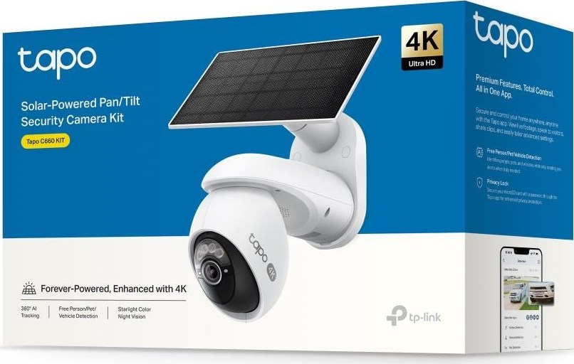 TP-Link Tapo C660 KIT venkovní kamera, solární panel (8MP, 4K, 2160p, IR 12m, WiFi, micro SD card, IP65)