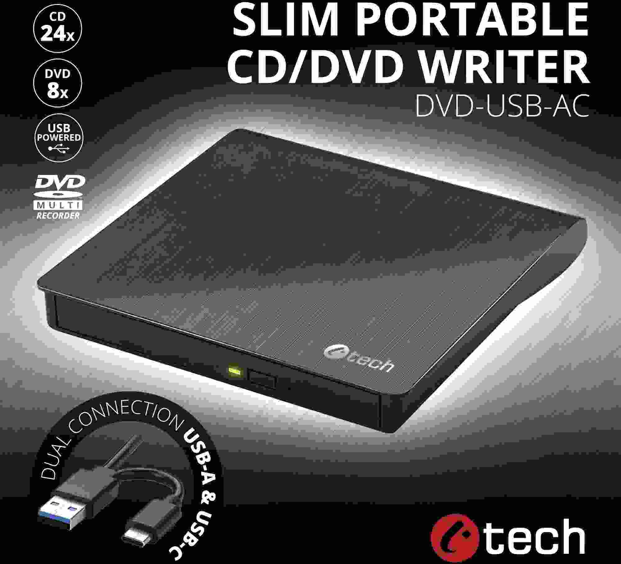 C-TECH externí DVD vypalovačka DVD-USB-AC, USB 2.0, USB A/Type C