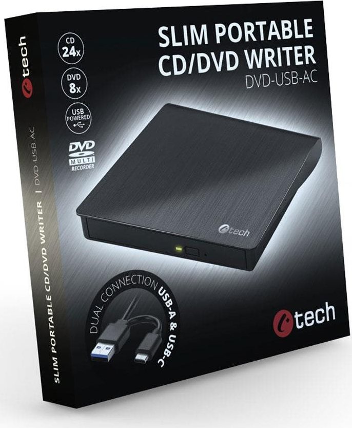 C-TECH externí DVD vypalovačka DVD-USB-AC, USB 2.0, USB A/Type C