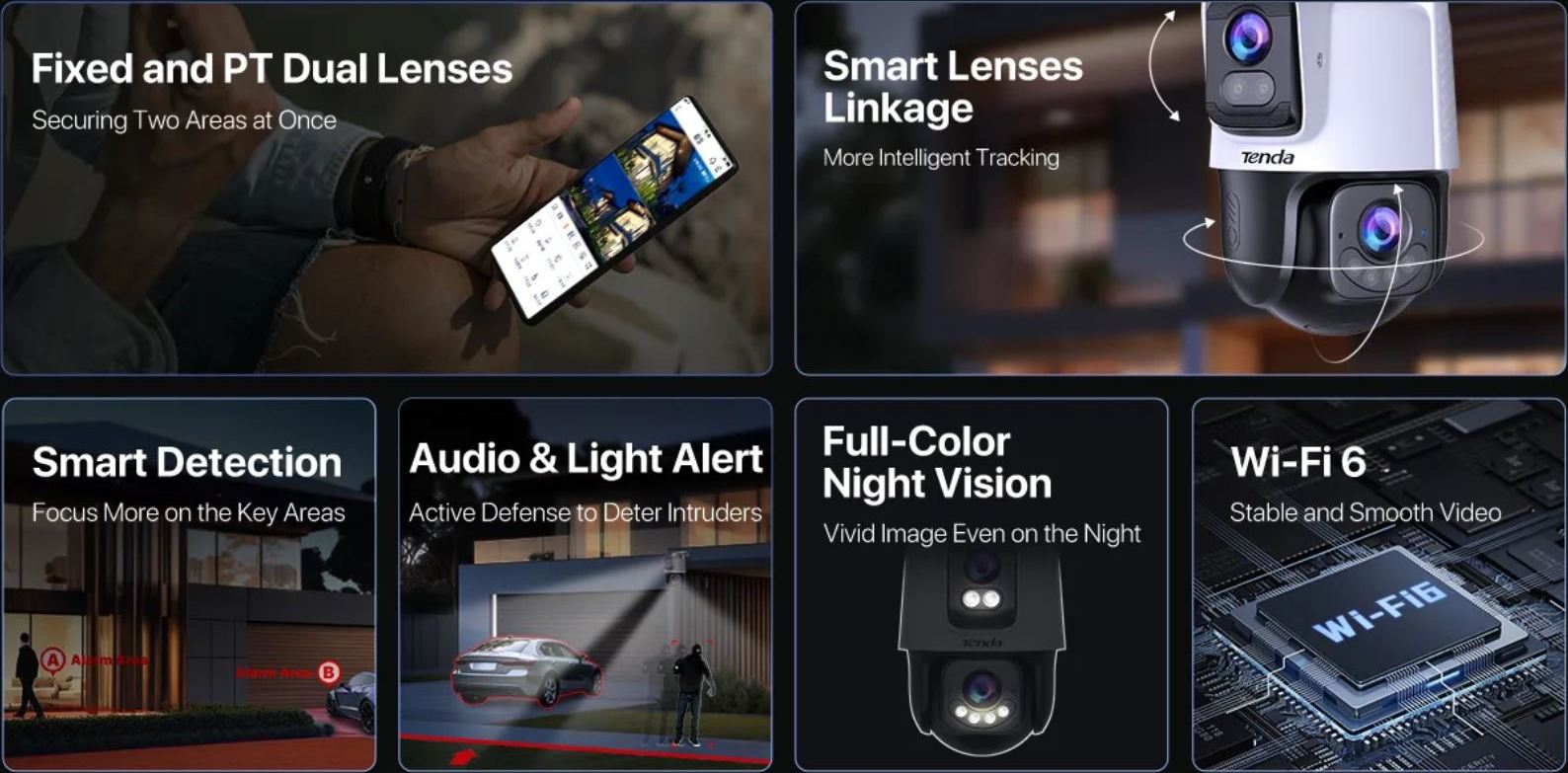 Tenda RH9-WCA - Venkovní otočná Dual Lens IP65 Wi-Fi 6 MPx kamera, noční LED, audio, detekce, CZ app