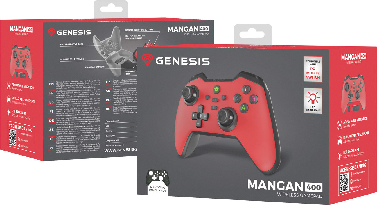 Bezdrátový gamepad Genesis MANGAN 400 pro PC/Switch/Mobil, červený