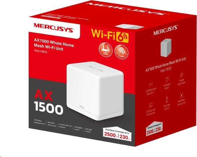 MERCUSYS Halo H60X(1-pack) WiFi6 Mesh (AX1500,2,4GHz/5GHz,3xGbELAN/WAN(1xXR Unit)