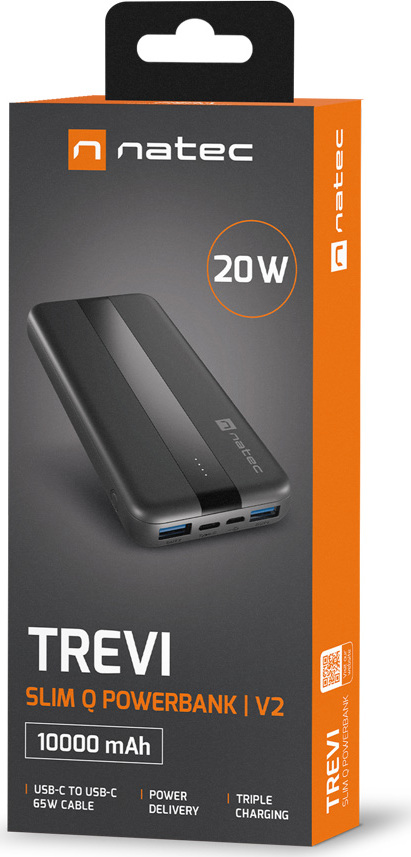 Power banka Natec TREVI SLIM Q V2 10000mAh, 2X USB-A 18W, 1X USB-C 20W, USB-C - USB0-C kabel, černá