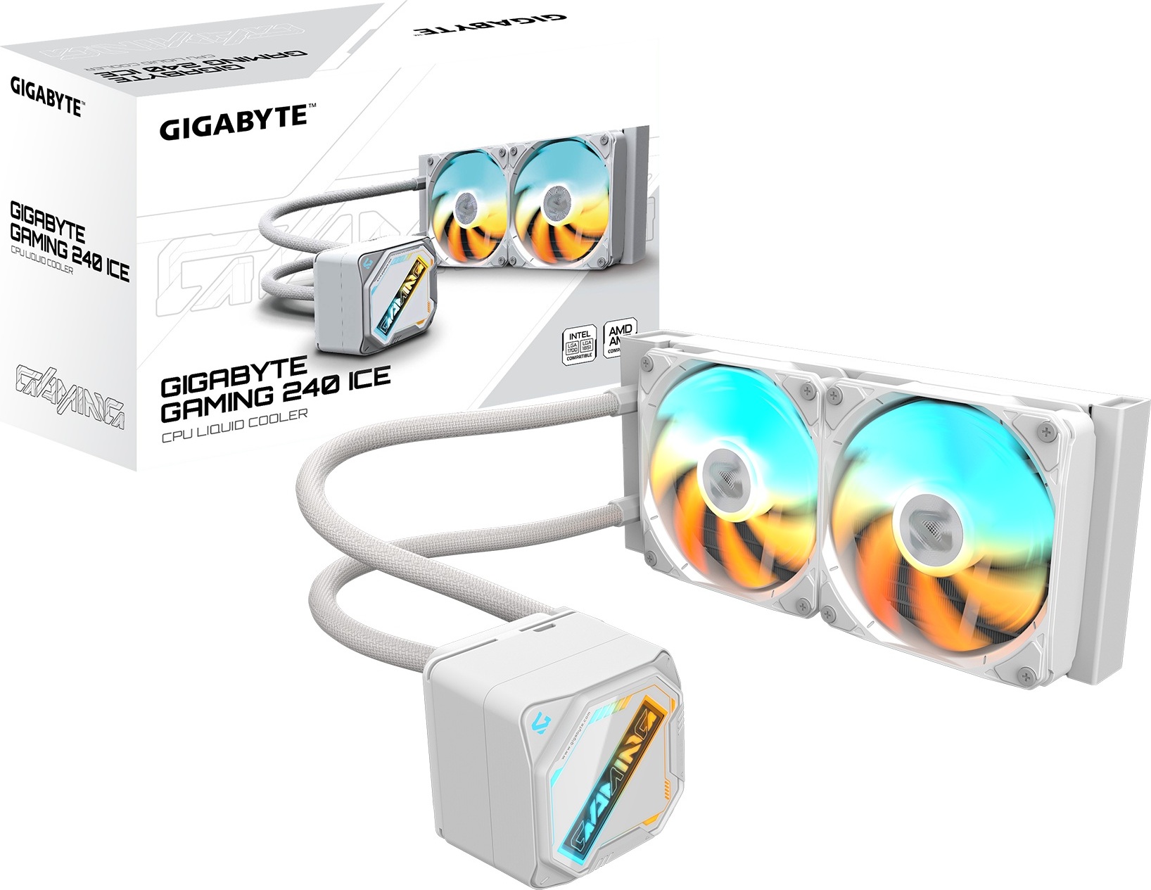 GIGABYTE Vodní chladič GAMING 240 ICE, 2x120mm, ARGB, LGA1851, AM5, bílá
