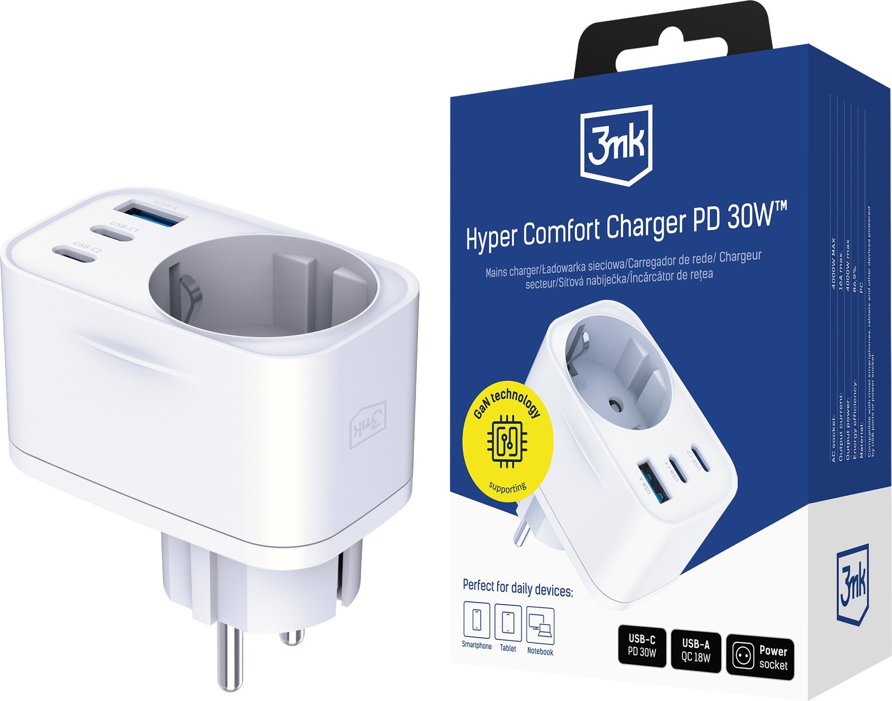 3mk síťová nabíječka Comfort Charger GaN 30W, bílá