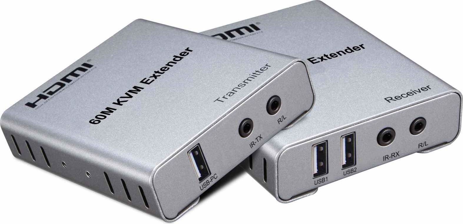 PremiumCord HDMI KVM extender s 2xUSB na 60m s audiem přes jeden kabel Cat5/6