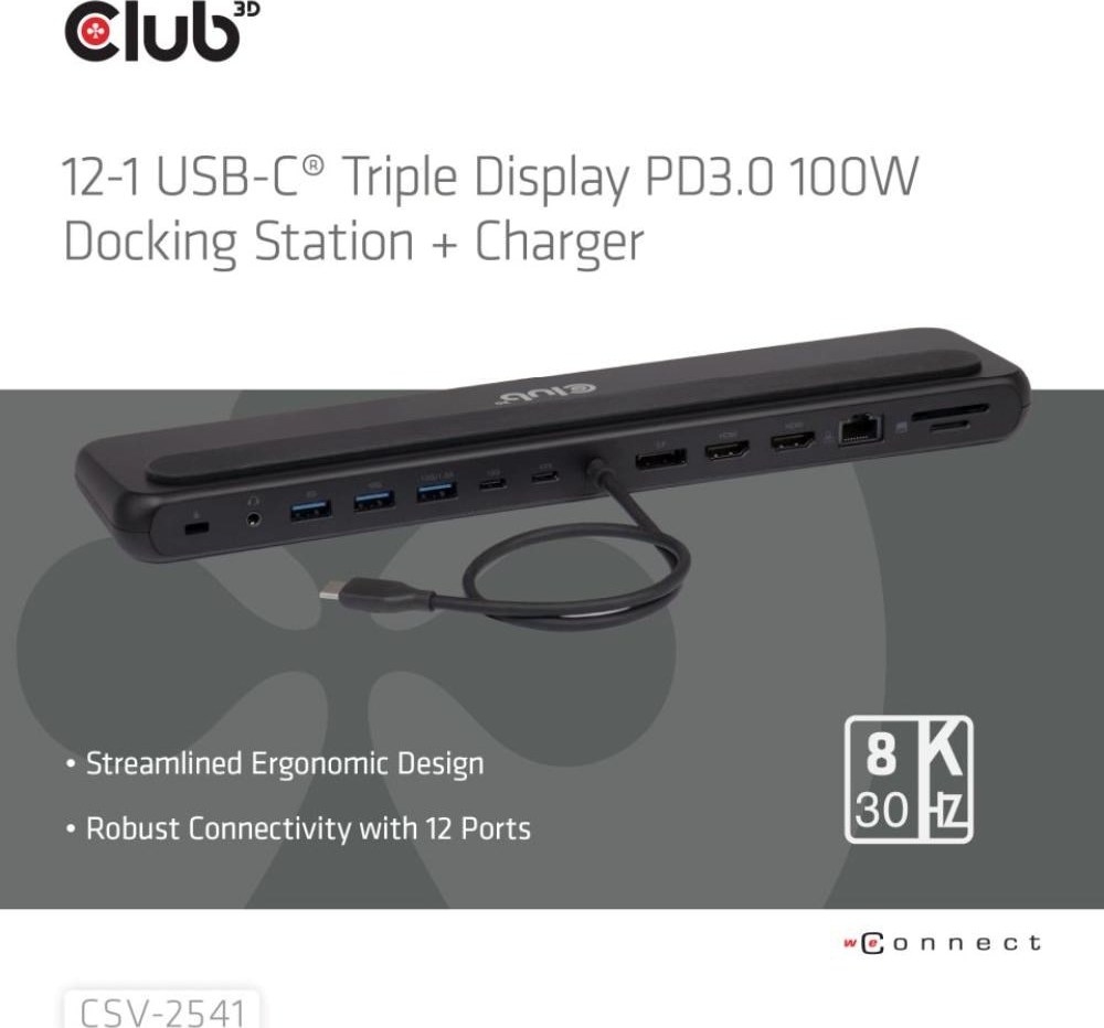 Club 3D Club3D Dokovací stanice USB-C 12v1, 2xHDMI, 1xDP, 2xUSB-C, 3xUSB, 1xRJ45, 1x3.5mm, černá