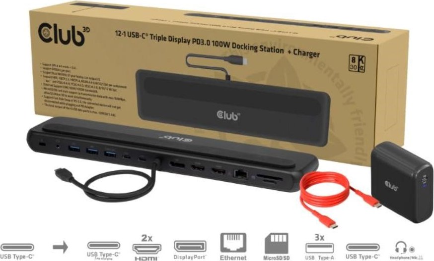 Club 3D Club3D Dokovací stanice USB-C 12v1, 2xHDMI, 1xDP, 2xUSB-C, 3xUSB, 1xRJ45, 1x3.5mm, černá