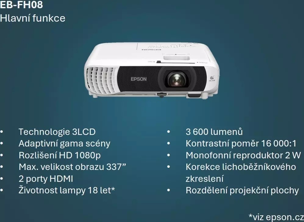 EPSON projektor EB-FH08, 1920x1080, 3600ANSI, HDMI, USB 2-in-1, REPRO 2W