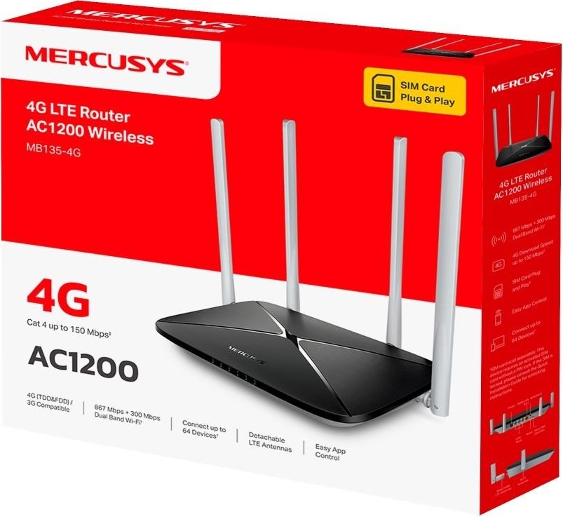 TP-LINK Mercusys MB135-4G WiFi5 router (AC1200, 4G LTE, 2,4GHz/5GHz,1x100Mb LAN/WAN,3x100Mb LAN,1xnanoSIM)