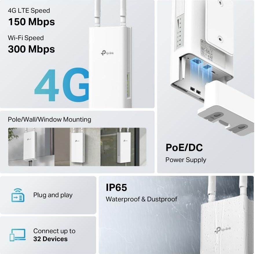 TP-Link TL-MR100-Outdoor venkovní WiiFi4 LTE router (N300, 4G LTE, 2,4GHz, 1x100Mb/s LAN, 1x100Mb/s LAN/WAN, 1xnanoSIM)