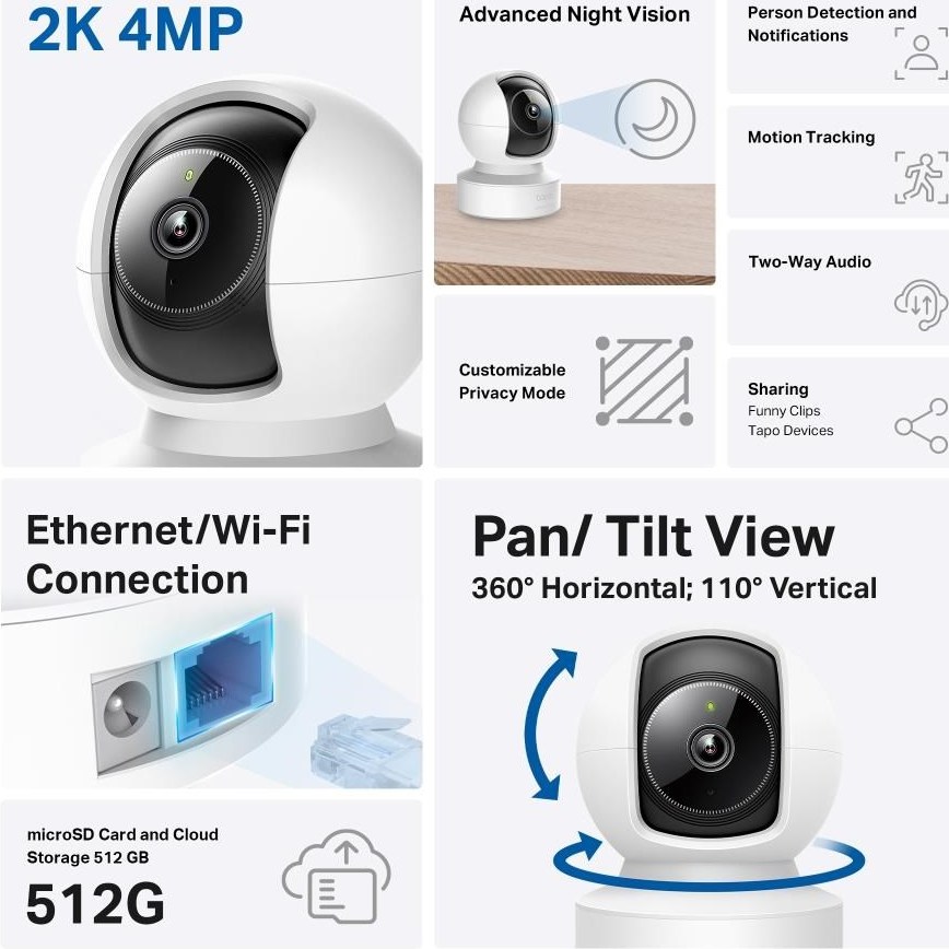 TP-Link Tapo C222 domácí-indoor kamera, (4MP, 2K QHD 1440p, IR 12m, WiFi, 1x100Mb/s, micro SD card)