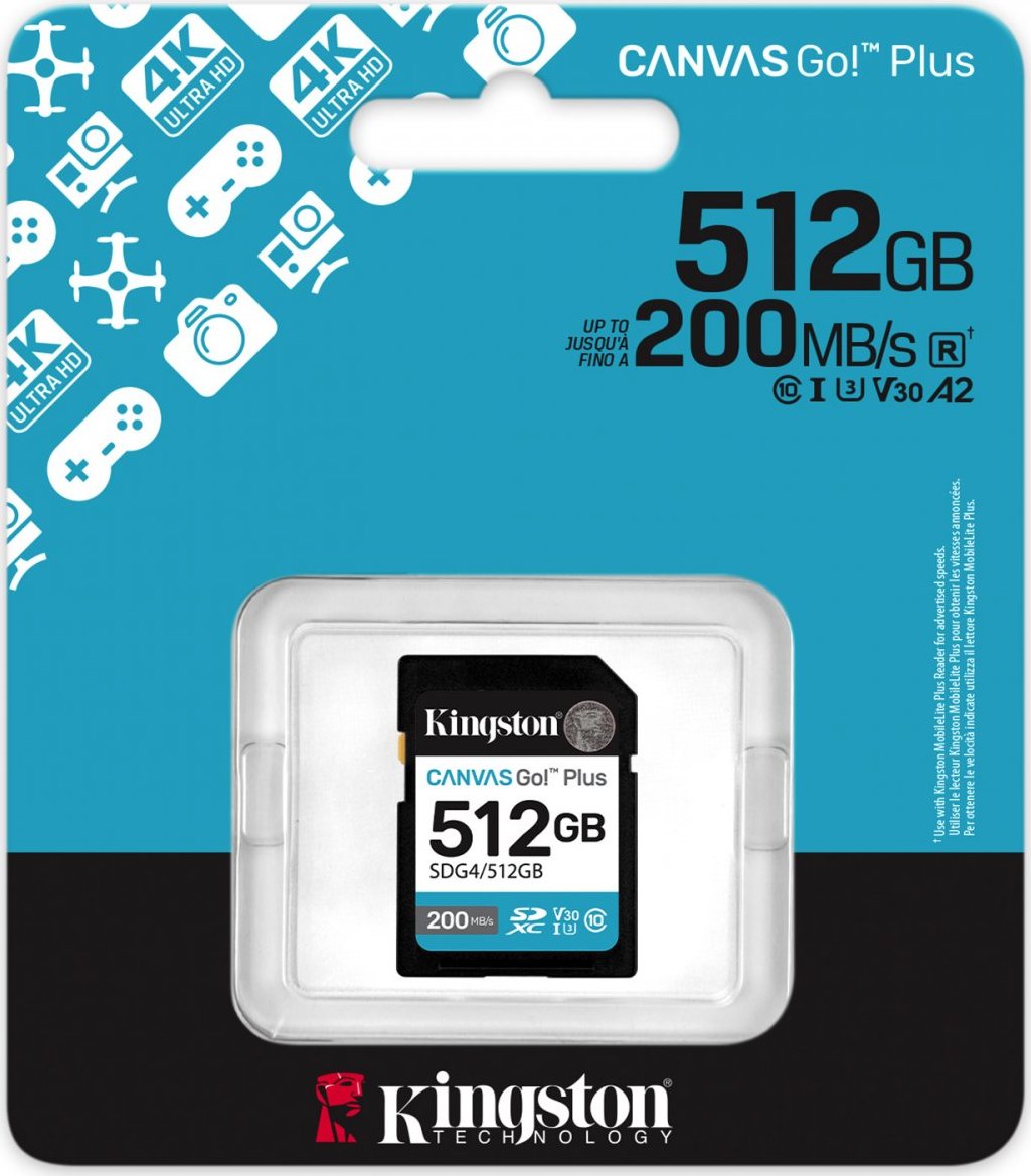 Kingston SDXC karta 512GB Canvas Go! Plus, R:200/W:160MB/s, Class 10, UHS-I, U3, V30