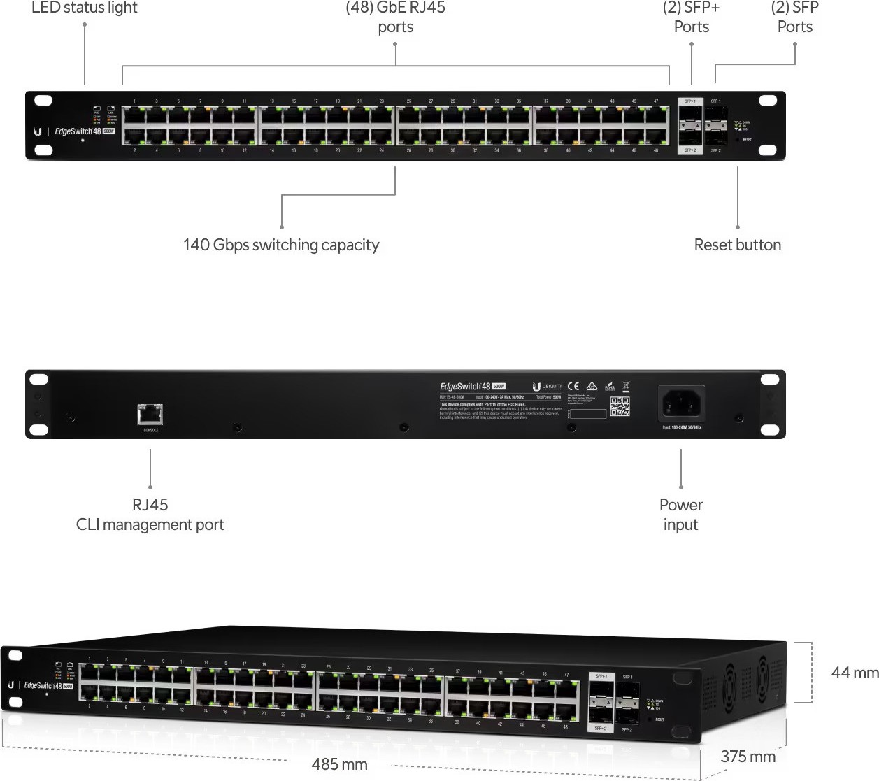 Ubiquiti UBNT EdgeSwitch ES-48-500W [70Gbps, 500W, aktívny (802.3af/at) a pasívne (24 V) PoE, 2xSFP, 2xSFP+, L2/L3]