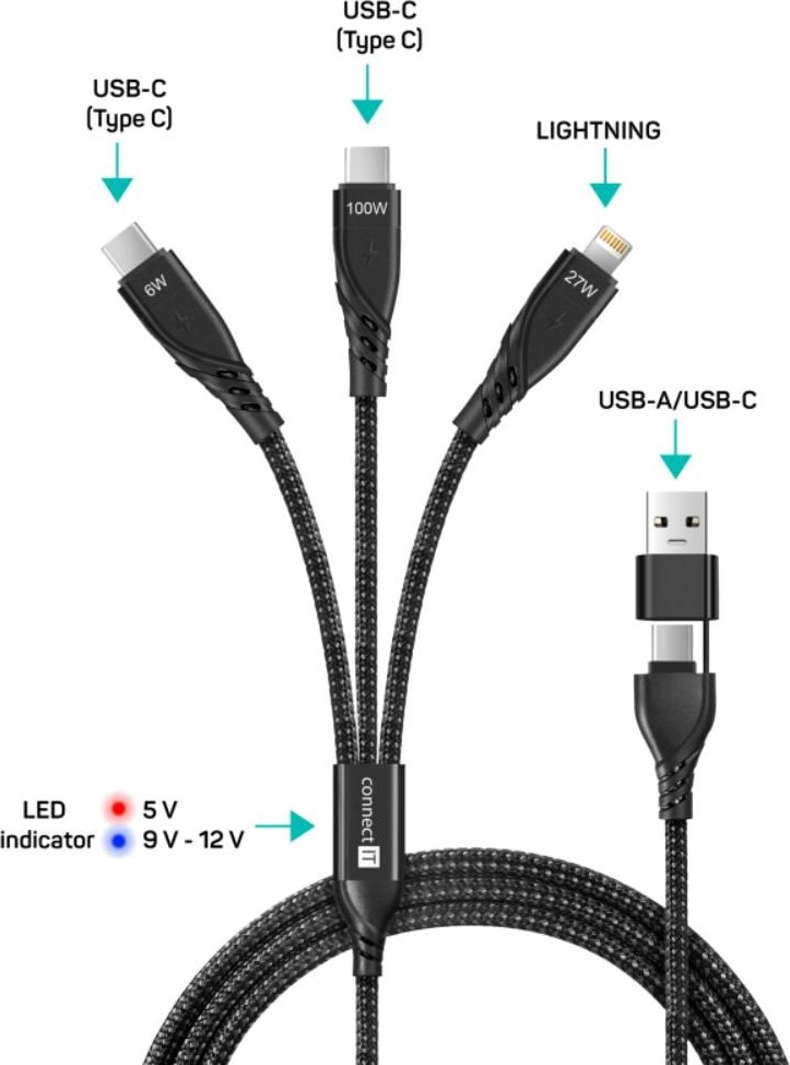 CONNECT IT Nabíjecí kabel Wirez 6v1, USB-C/USB, Lightning + 2x USB-C, 1.25m, černá