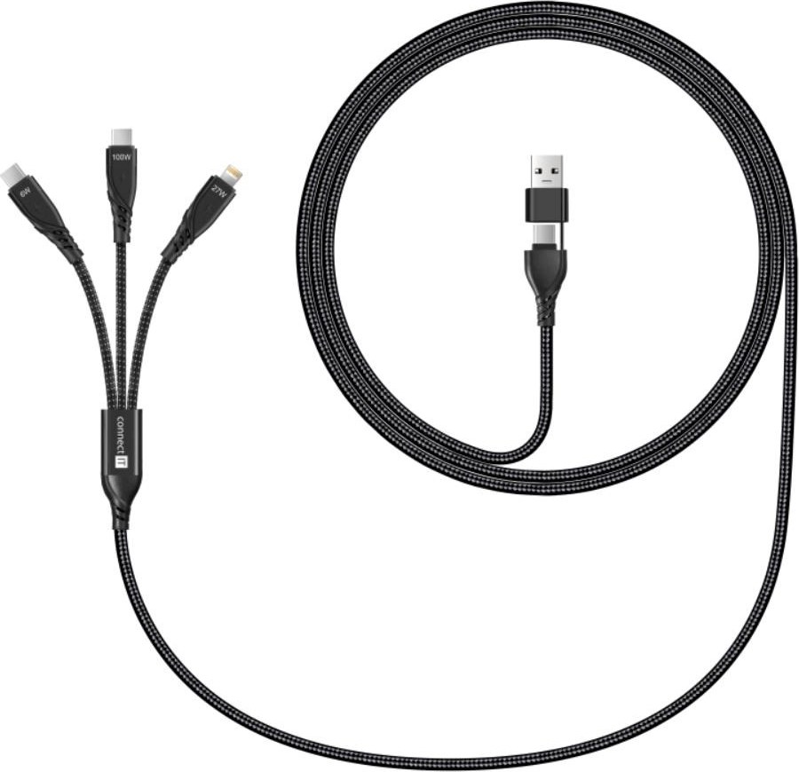 CONNECT IT Nabíjecí kabel Wirez 6v1, USB-C/USB, Lightning + 2x USB-C, 1.25m, černá