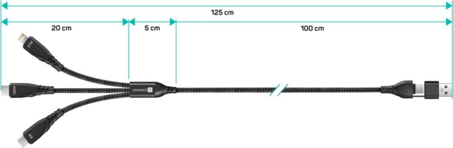 CONNECT IT Nabíjecí kabel Wirez 6v1, USB-C/USB, Lightning + 2x USB-C, 1.25m, černá