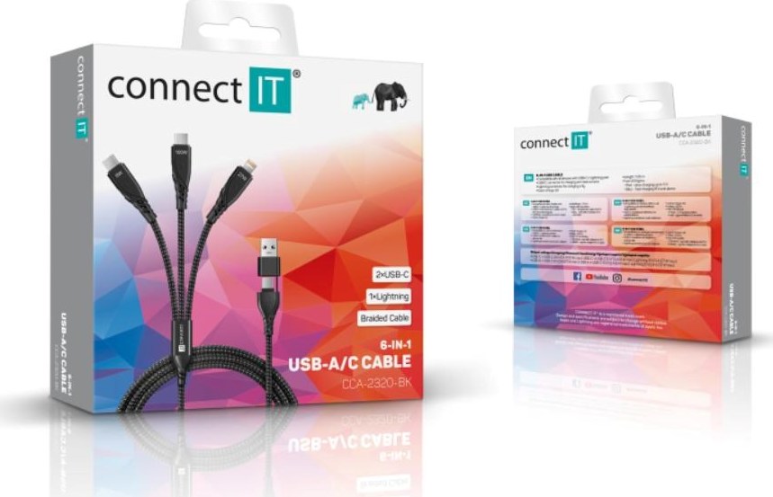 CONNECT IT Nabíjecí kabel Wirez 6v1, USB-C/USB, Lightning + 2x USB-C, 1.25m, černá