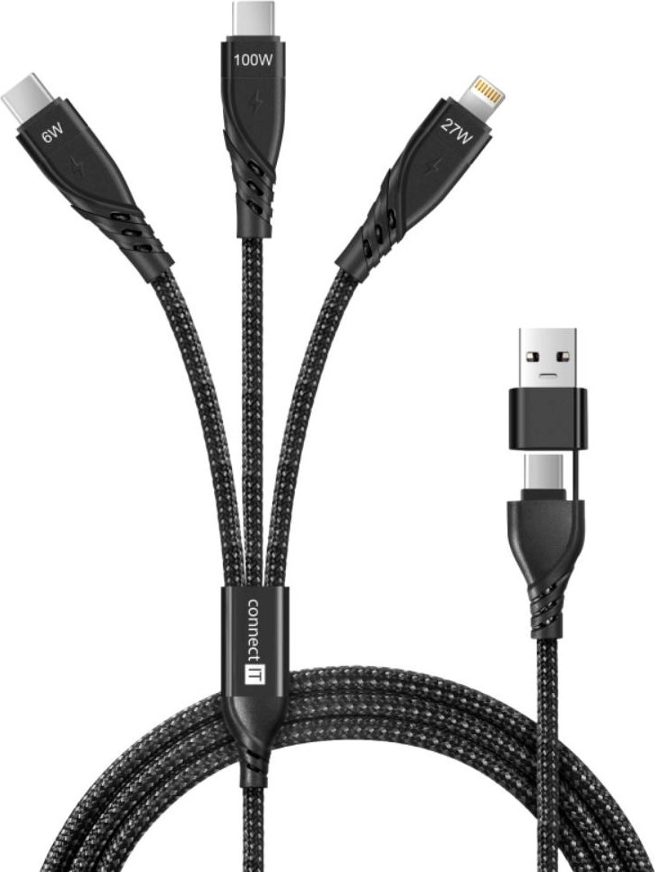 CONNECT IT Nabíjecí kabel Wirez 6v1, USB-C/USB, Lightning + 2x USB-C, 1.25m, černá