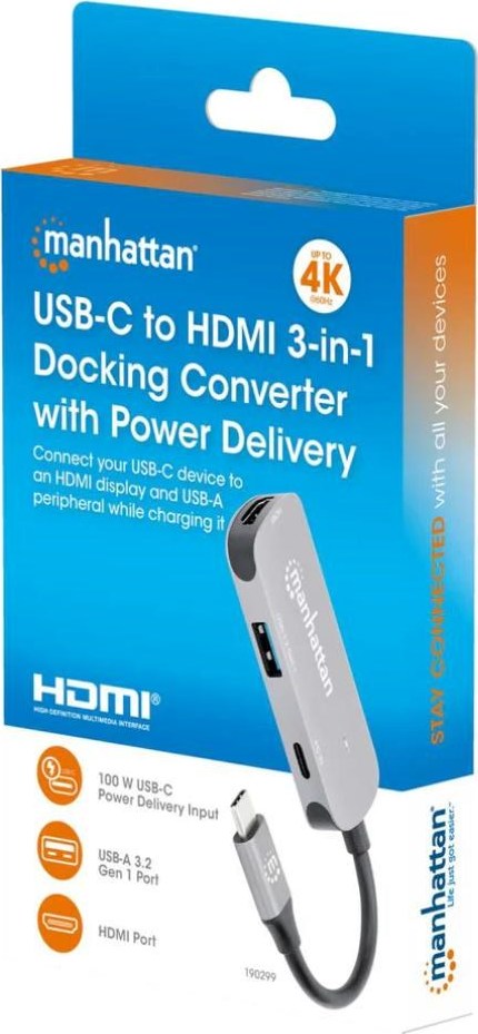 MANHATTAN Dokovací stanice USB-C 3v1, 1xHDMI, 1xUSB-C, 1xUSB, šedá