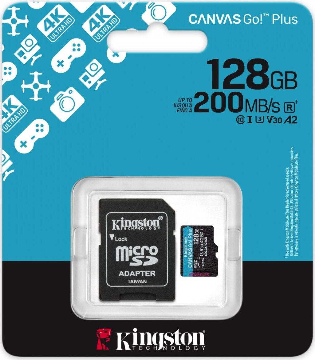 Kingston MicroSDXC karta 128GB Canvas Go! Plus, R:200/W:160MB/s, Class 10, UHS-I, U3, V30, A2 + Adaptér