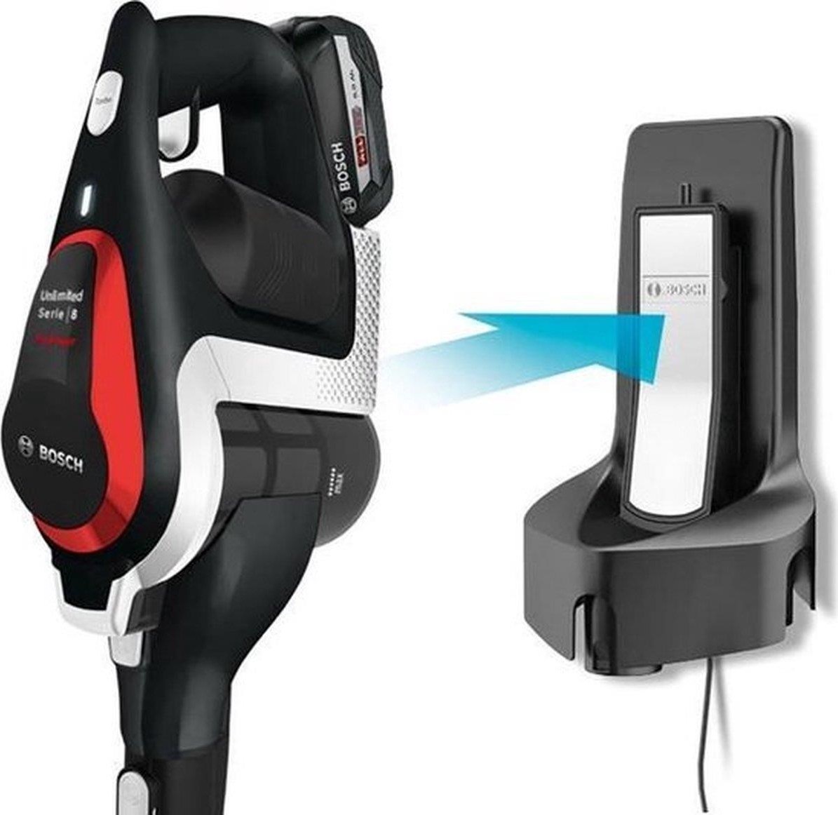 Bosch Unlimited Series 8 tyčový vysavač, akumulátorový, 63 dB, bezsáčkový, černá