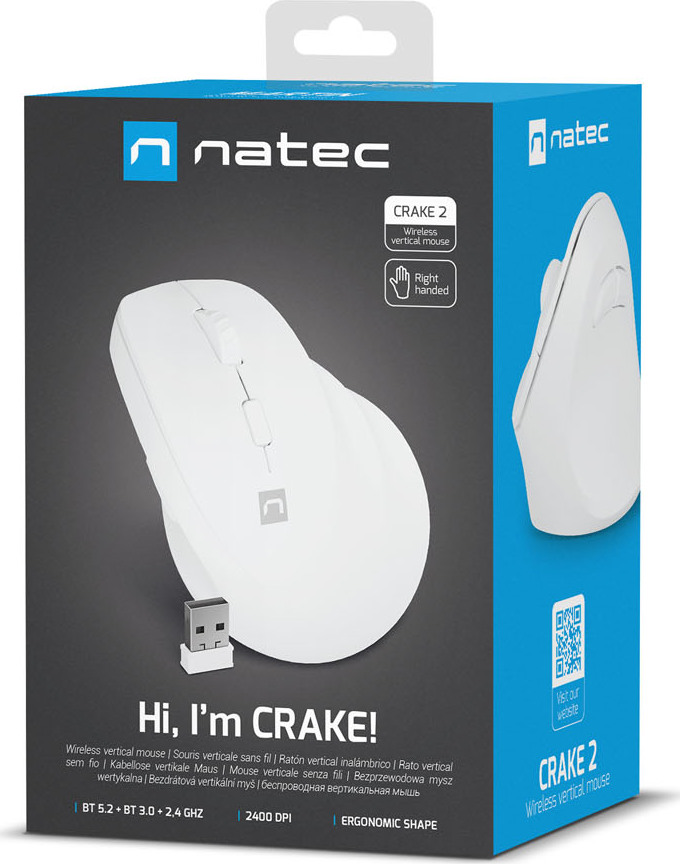 Bezdrátová myš Natec CRAKE 2/Kancelářská/Optická/2 400 DPI/USB+BT/Bílá/Vertikální/Optická/Pro pravák