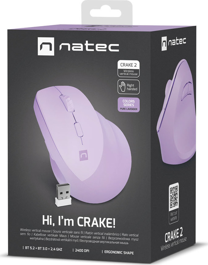 Bezdrátová vertikální myš Natec CRAKE 2/Optická/2 400 DPI/USB+BT/Levan/Vertikální/Optická/Pro pravák