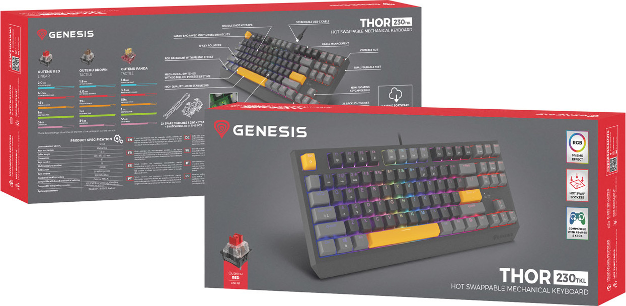 Genesis herní klávesnice THOR 230/TKL/RGB/Outemu Red/Drátová USB/US layout/Anchor Positive Šedá